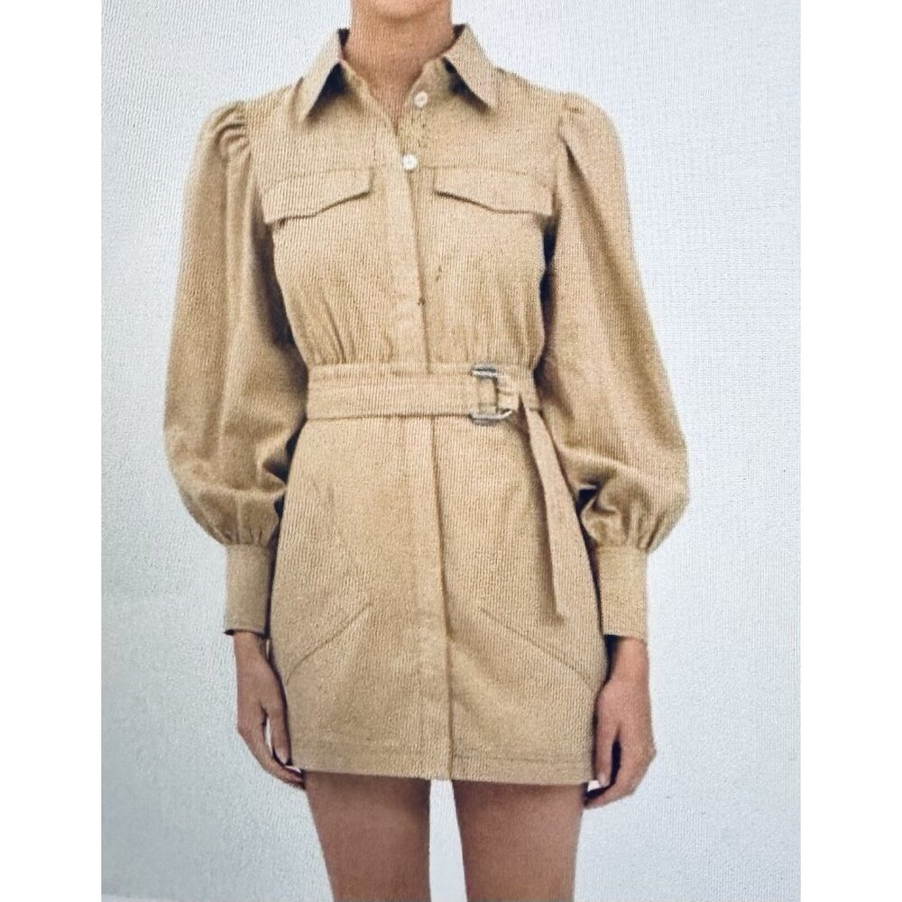 C/MEO Collective Camel Tan Dark Academia Long Puff Sleeves Office Mini Dress 6M